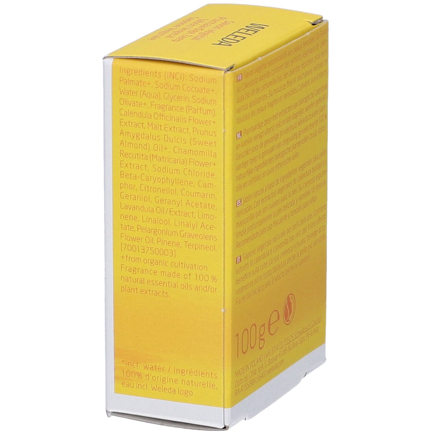 Confezione di sapone Weleda con elenco ingredienti e indicazione 100g.