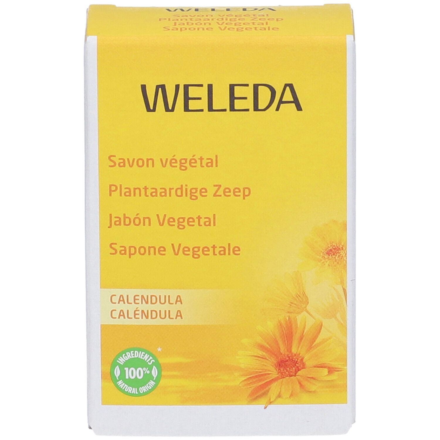 WELEDA Sapone vegetale alla calendula su confezione gialla con motivo floreale. Ingredienti 100% naturali.