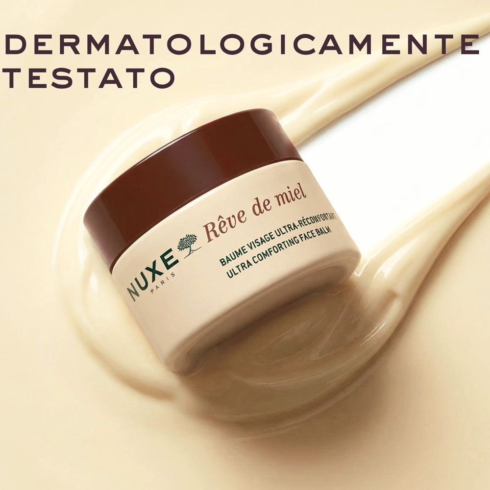 Nuxe Rêve de miel balsamo viso su una texture cremosa, testato dermatologicamente.