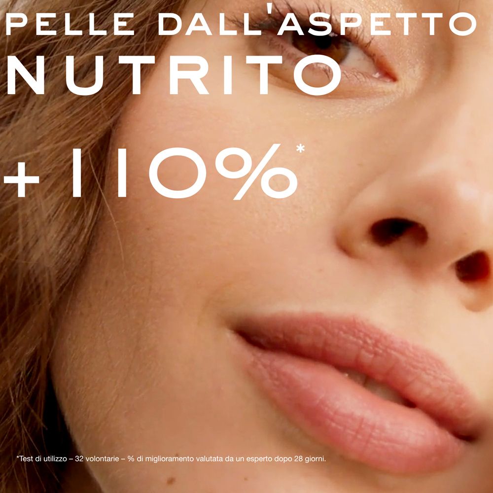 Primo piano di un viso con testo 'Pelle dall'aspetto nutrito +110%'.