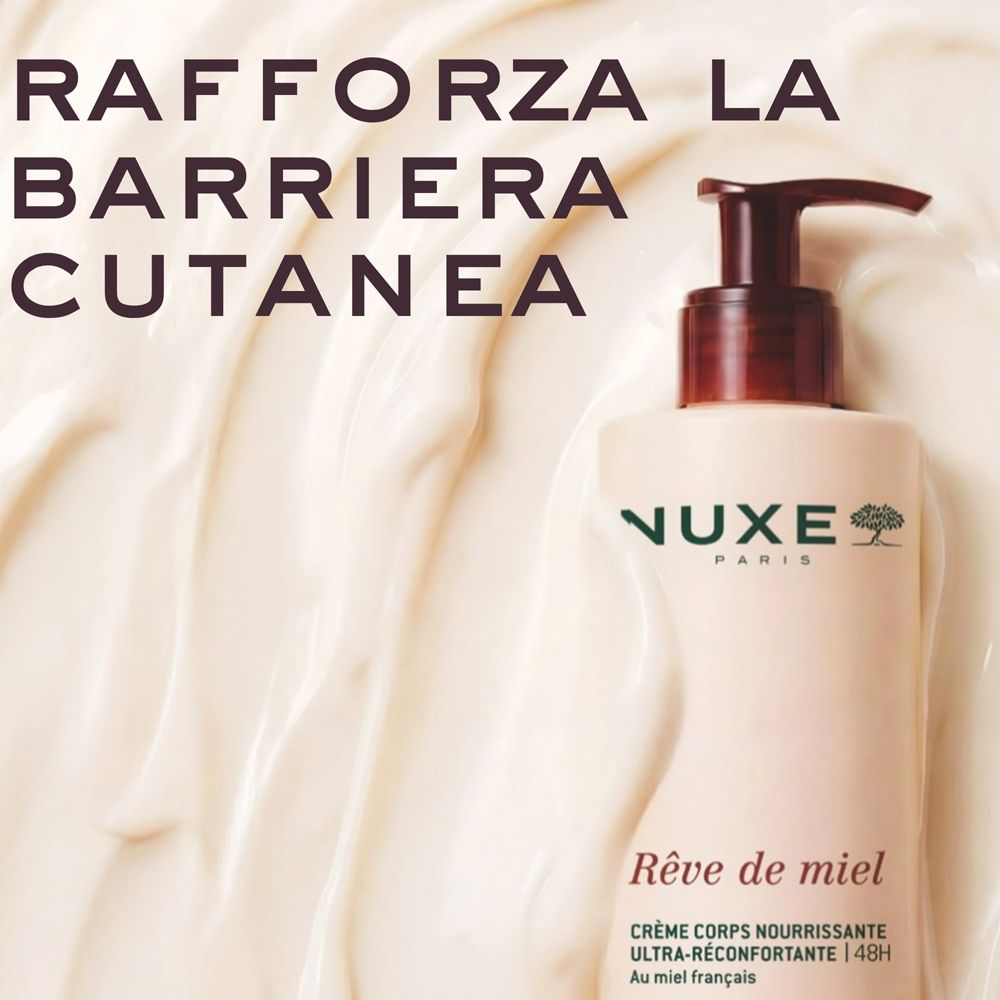 Crema corpo Nuxe Rêve de miel in flacone con pompa. Rafforza la barriera cutanea.