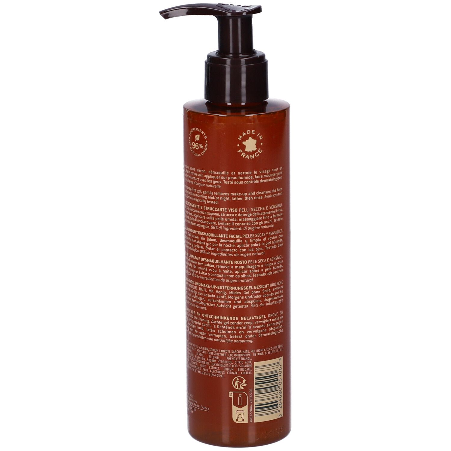 Flacone marrone con pompa, Nuxe Rêve de miel Detergente Viso. 200ml.