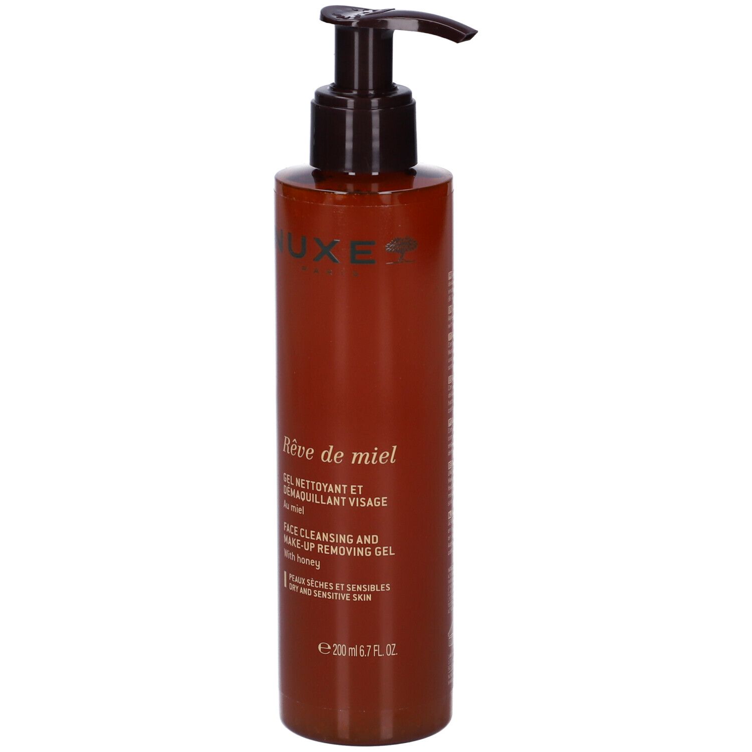 Flacone marrone con erogatore a pompa, Nuxe Rêve de miel gel detergente e struccante viso, 200ml.