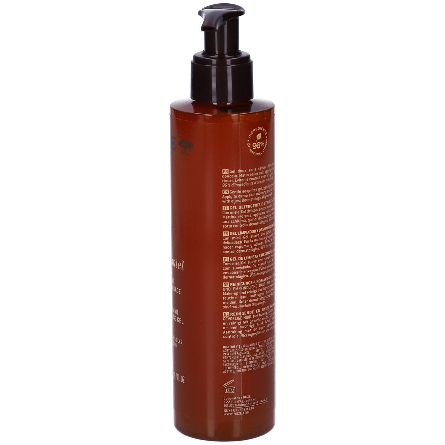 Flacone marrone con pompa contenente gel detergente viso e corpo, 400ml.