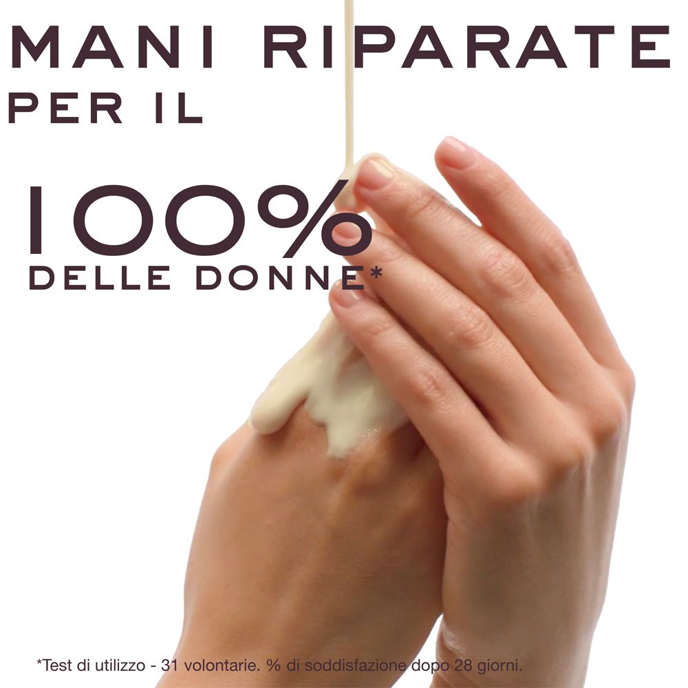 Mani coperte di crema. Testo: "Mani riparate per il 100% delle donne".