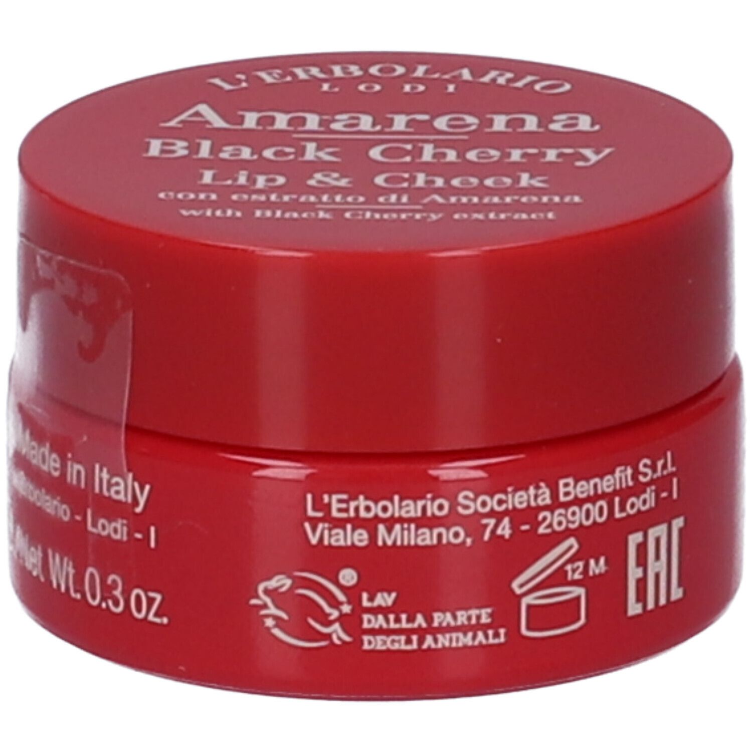 Barattolo rosso con L'Erbolario Amarena Black Cherry Lip & Cheek, Made in Italy e 0.3 oz Net Wt.