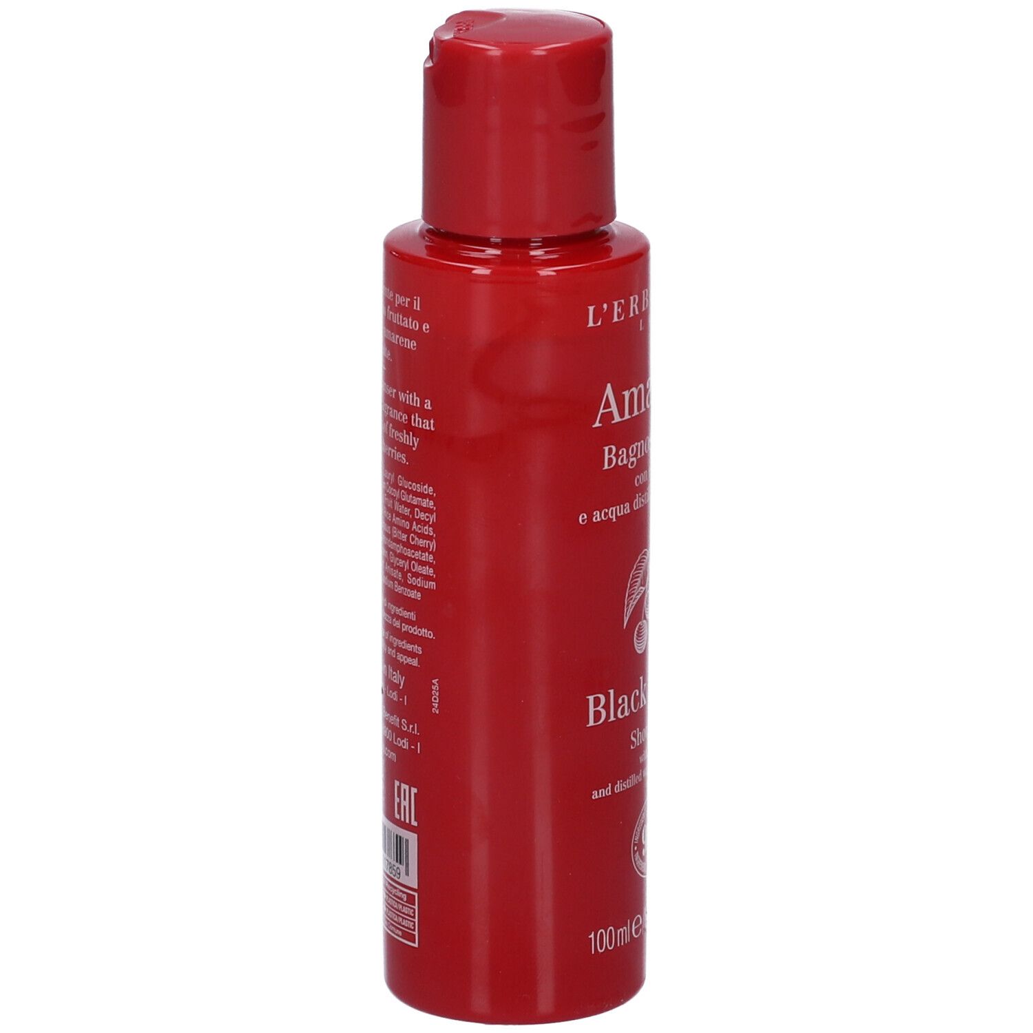 Retro di un flacone rosso L'Erbolario Amarena Bagnoschiuma con elenco ingredienti e sigillo EAC.
