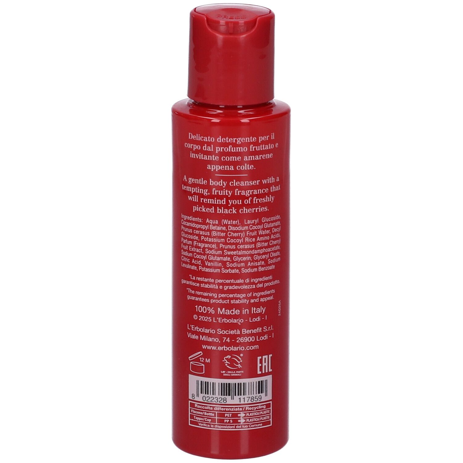 Retro di un flacone rosso L'Erbolario Amarena Bagnoschiuma con ingredienti e indicazione Made in Italy.