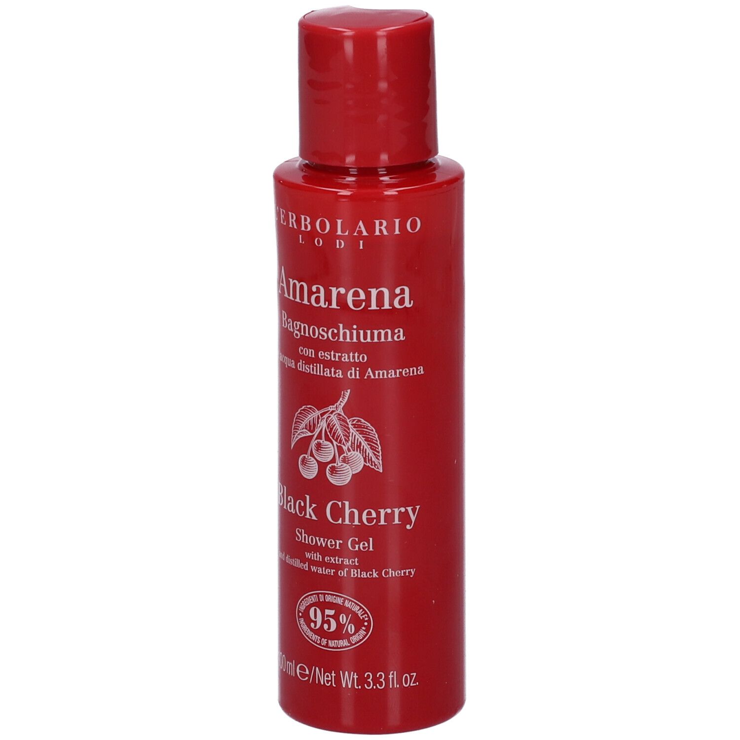 Flacone rosso L'Erbolario Amarena Bagnoschiuma con disegno di ciliegie e 95% ingredienti naturali.