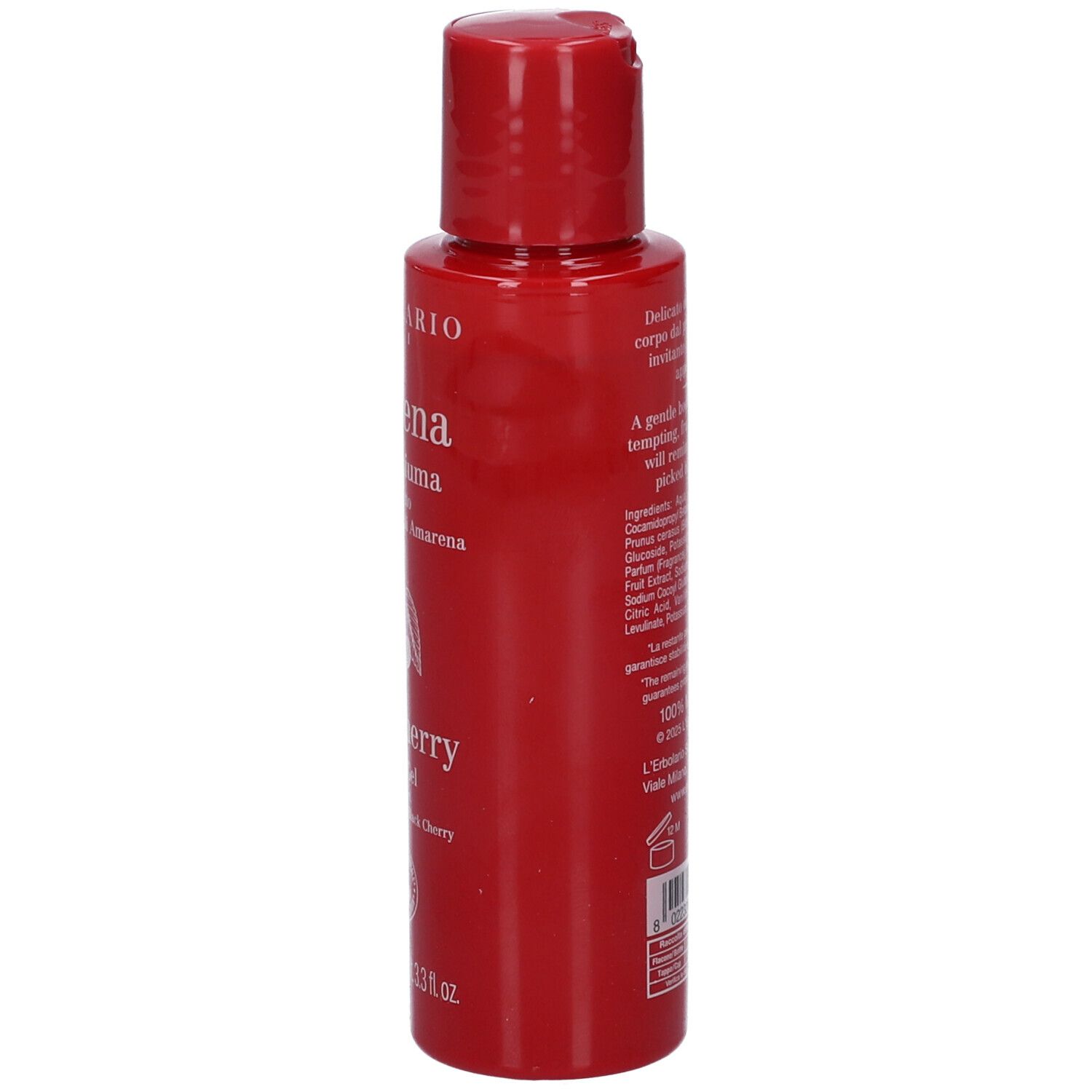 Vista laterale di un flacone rosso L'Erbolario Amarena Bagnoschiuma con elenco ingredienti.