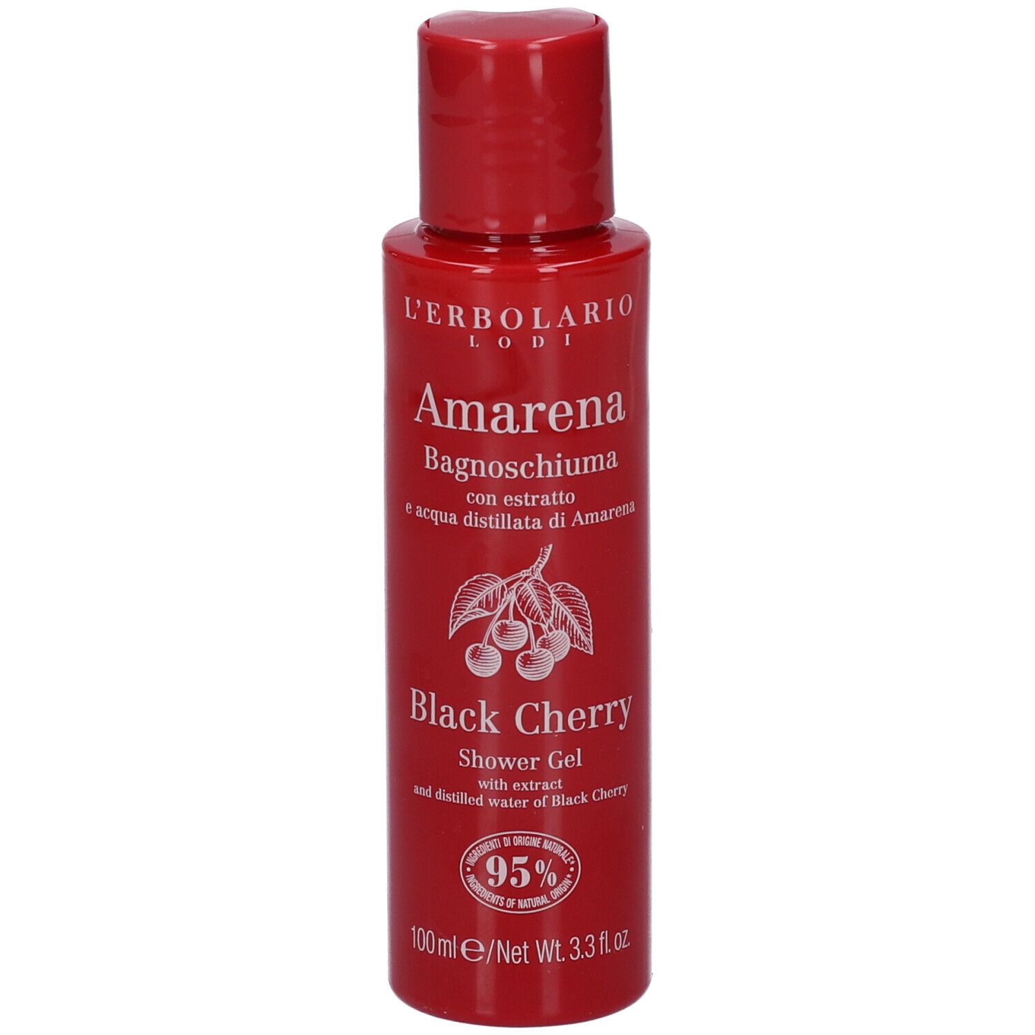 Flacone rosso L'Erbolario Amarena Bagnoschiuma con disegno di ciliegie e 95% ingredienti naturali.