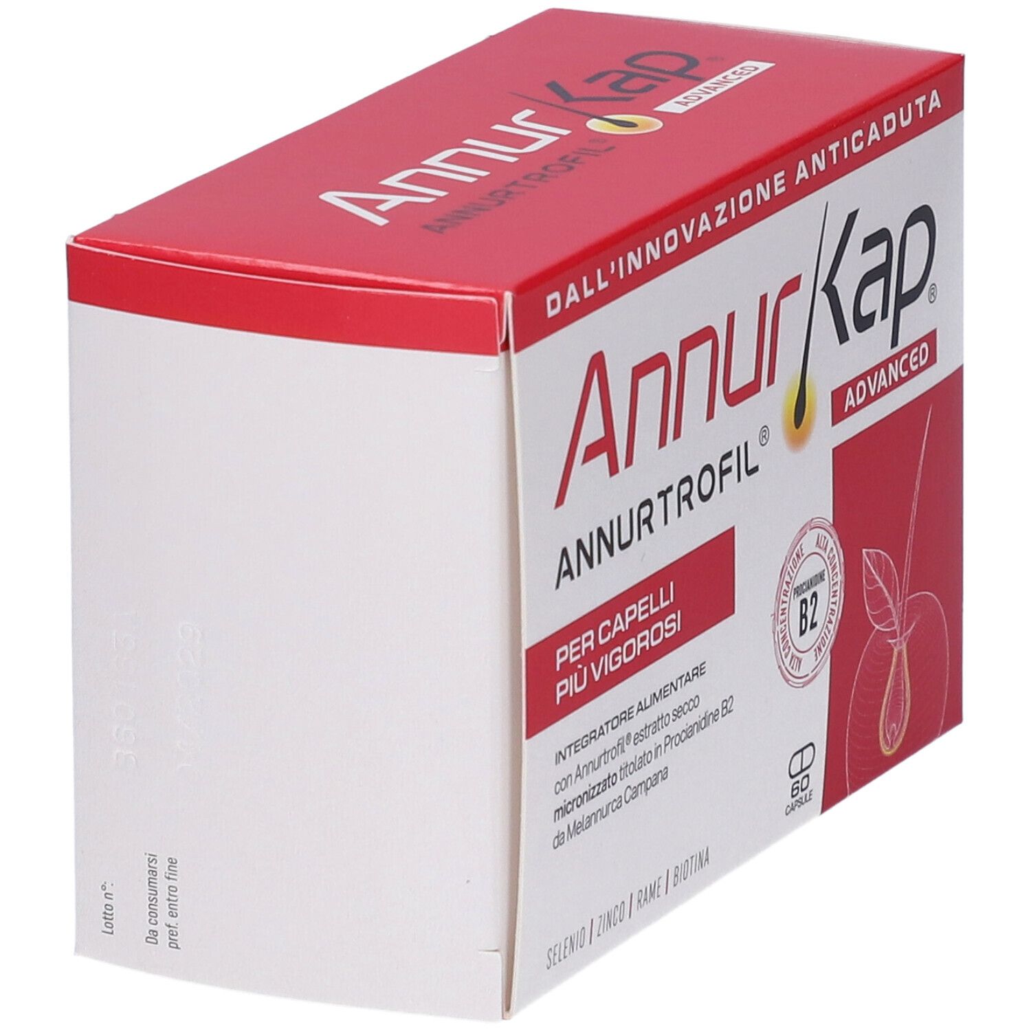 Confezione AnnurKap Advanced, vista laterale, 60 capsule.