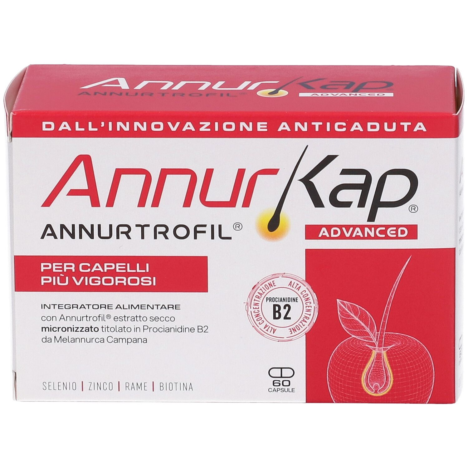 Confezione AnnurKap Advanced da 60 capsule per capelli più vigorosi.