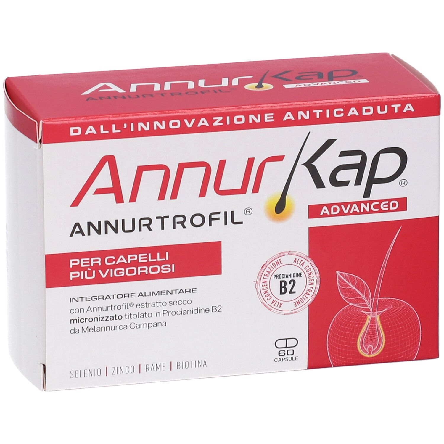 Confezione AnnurKap Advanced da 60 capsule per capelli più vigorosi.