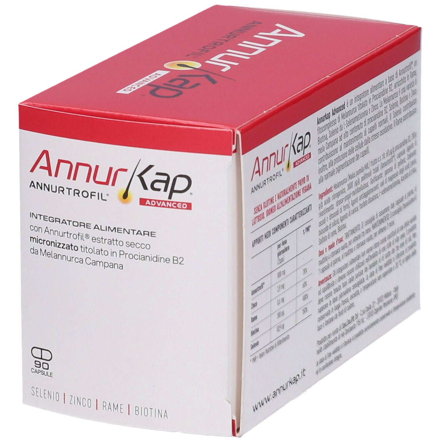 Confezione AnnurKap Advanced, vista obliqua con informazioni nutrizionali.