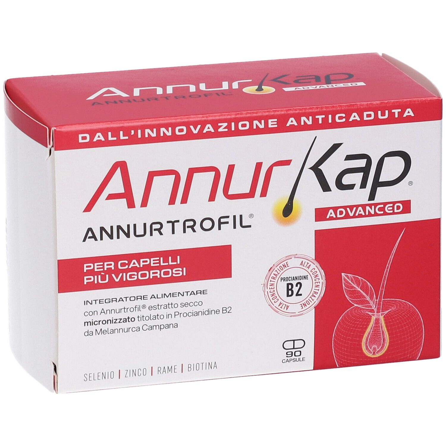 Confezione AnnurKap Advanced da 90 capsule per capelli più vigorosi.