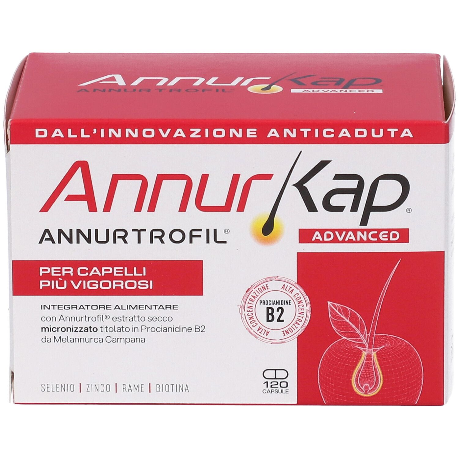 Confezione AnnurKap Advanced da 120 capsule, fronte con simbolo di capello.