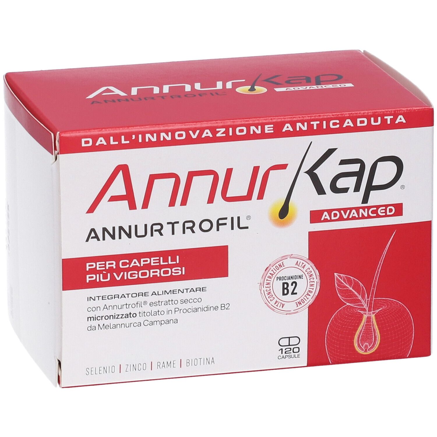 Confezione AnnurKap Advanced, 120 capsule, per capelli più vigorosi.