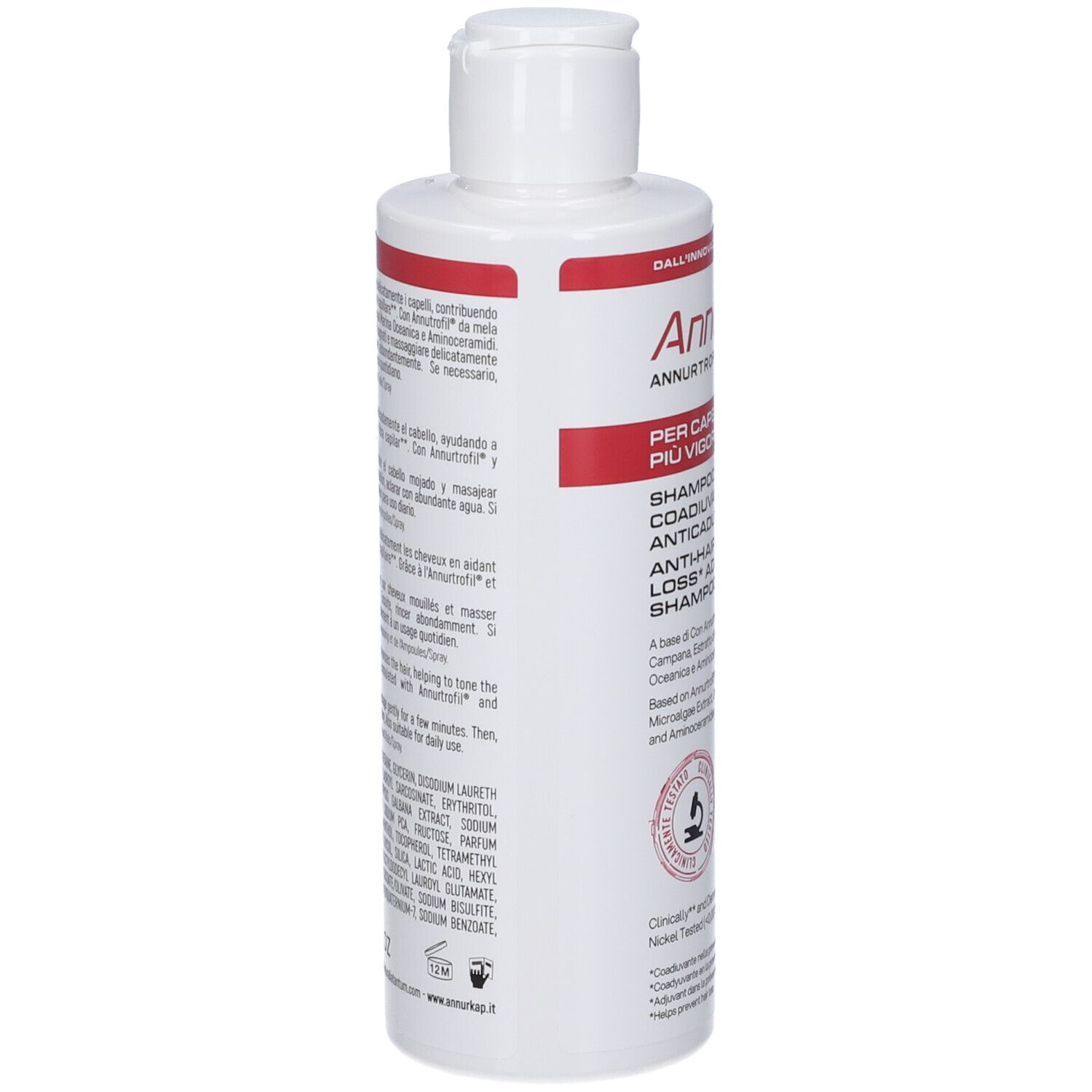 Retro di un flacone bianco Annurkap Advanced Shampoo con etichette rosse e bianche.