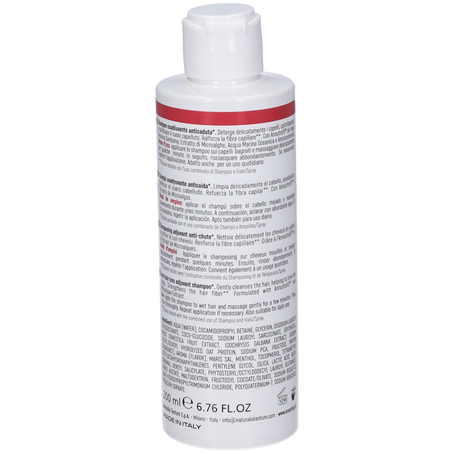 Retro di un flacone bianco Annurkap Advanced Shampoo con informazioni dettagliate sul prodotto.