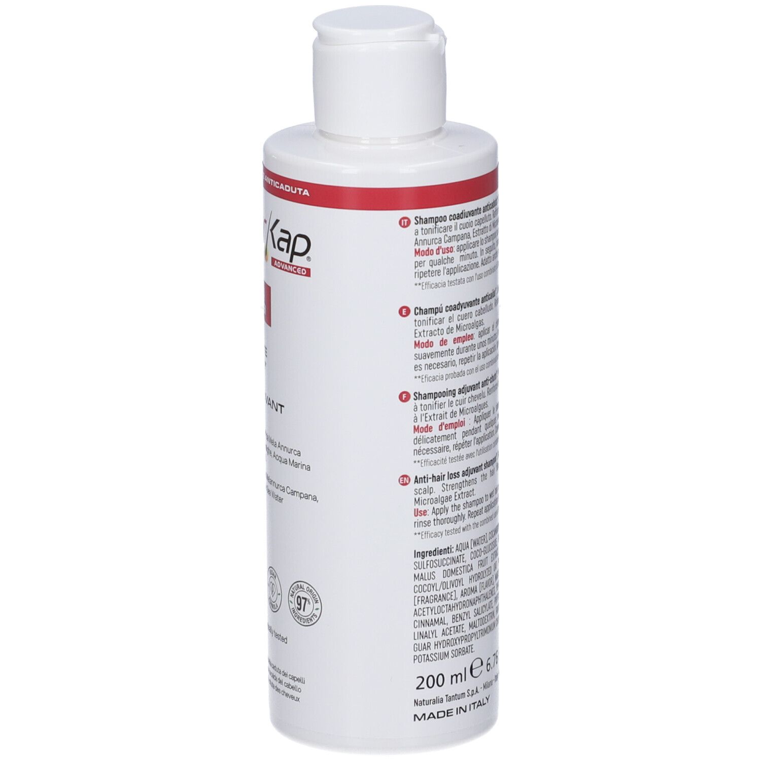 Lato di un flacone bianco Annurkap Advanced Shampoo con etichette rosse e bianche.