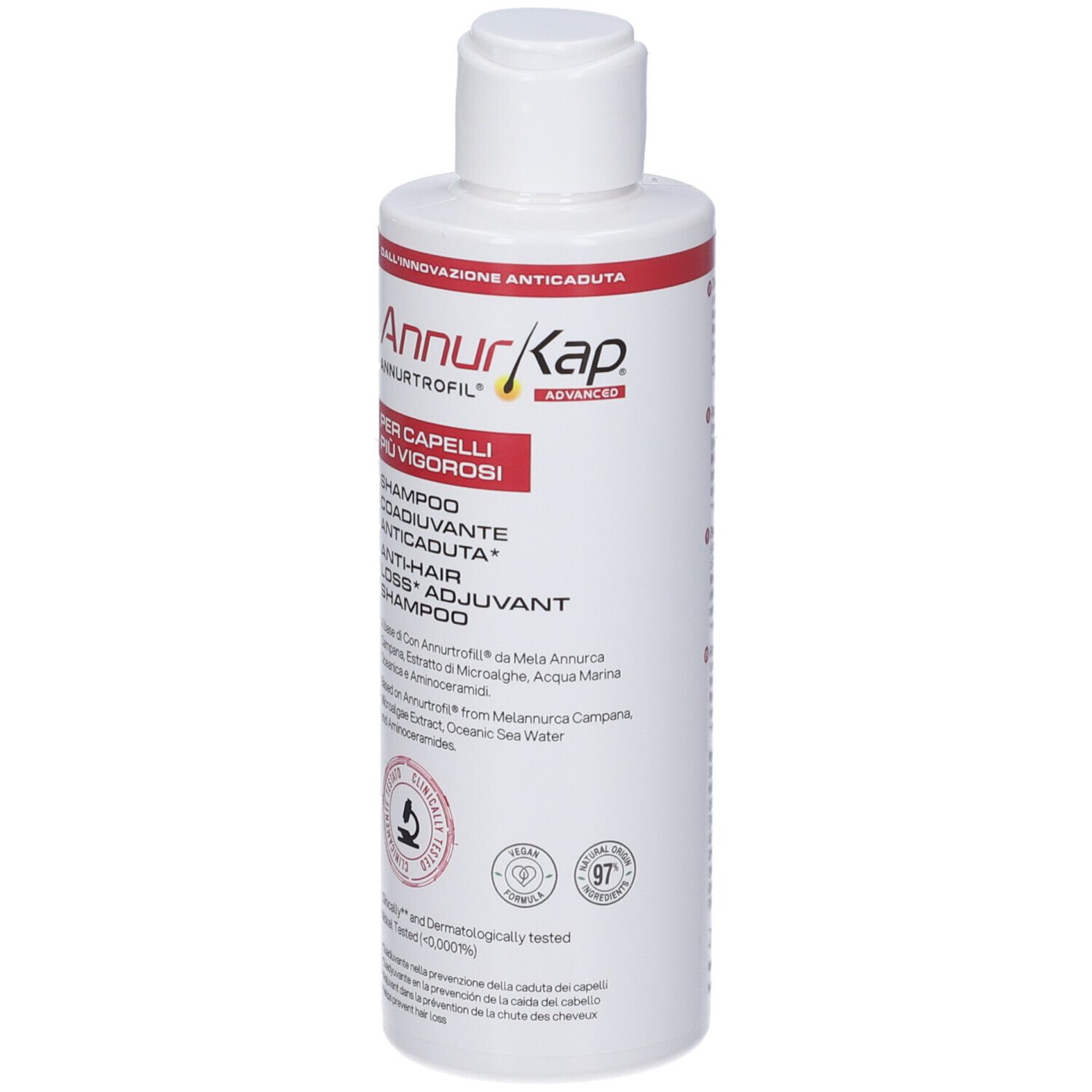 Flacone bianco Annurkap Advanced Shampoo con etichetta rossa, vista frontale.