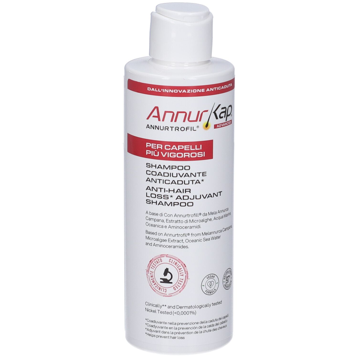 Flacone bianco Annurkap Advanced Shampoo con etichetta rossa, leggermente angolato.