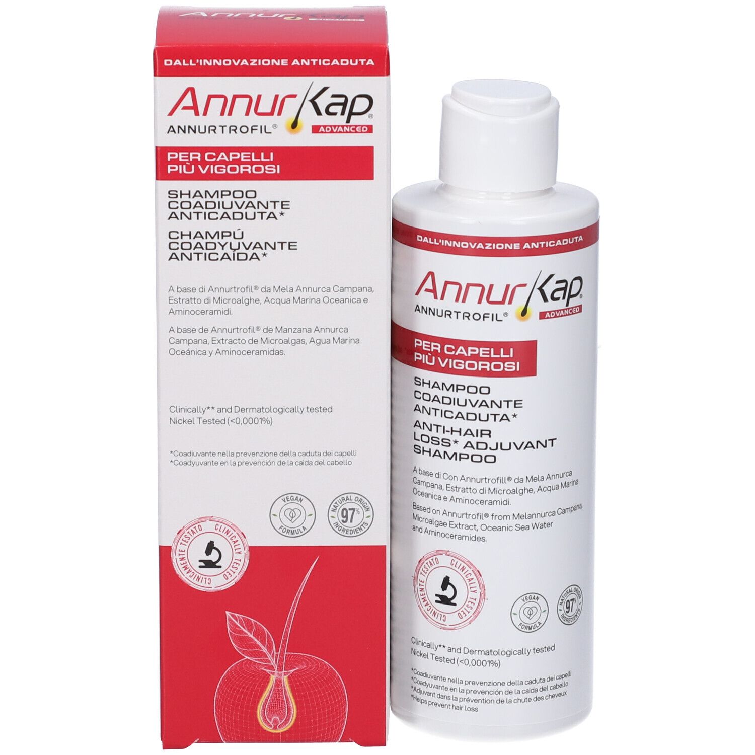Flacone e scatola di imballaggio Annurkap Advanced Shampoo, entrambi con etichette rosse e bianche.
