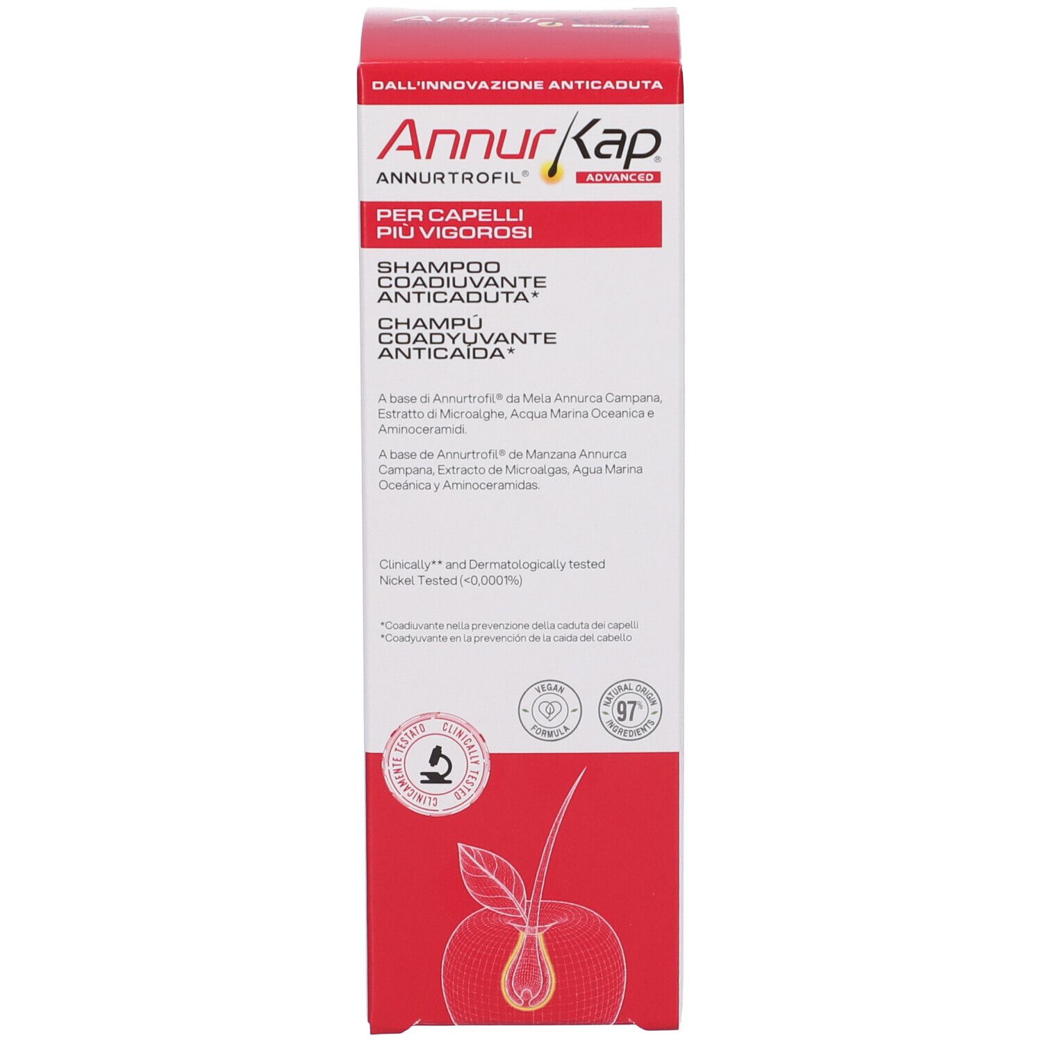 Scatola di imballaggio per Annurkap Advanced Shampoo con etichette rosse e bianche.