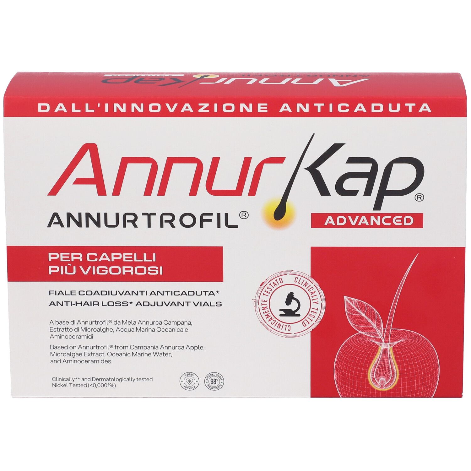 Scatola AnnurKap Advanced di fiale anticaduta. Design rosso e bianco con informazioni sul prodotto.