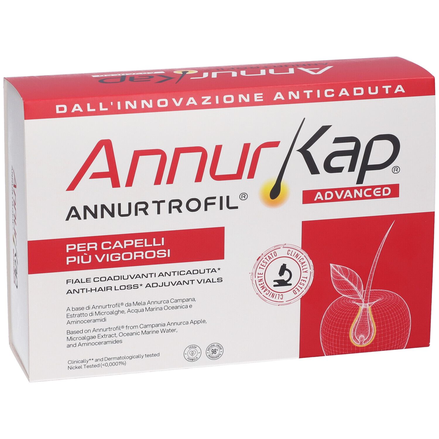 Scatola AnnurKap Advanced di fiale anticaduta. Design rosso e bianco con informazioni sul prodotto.