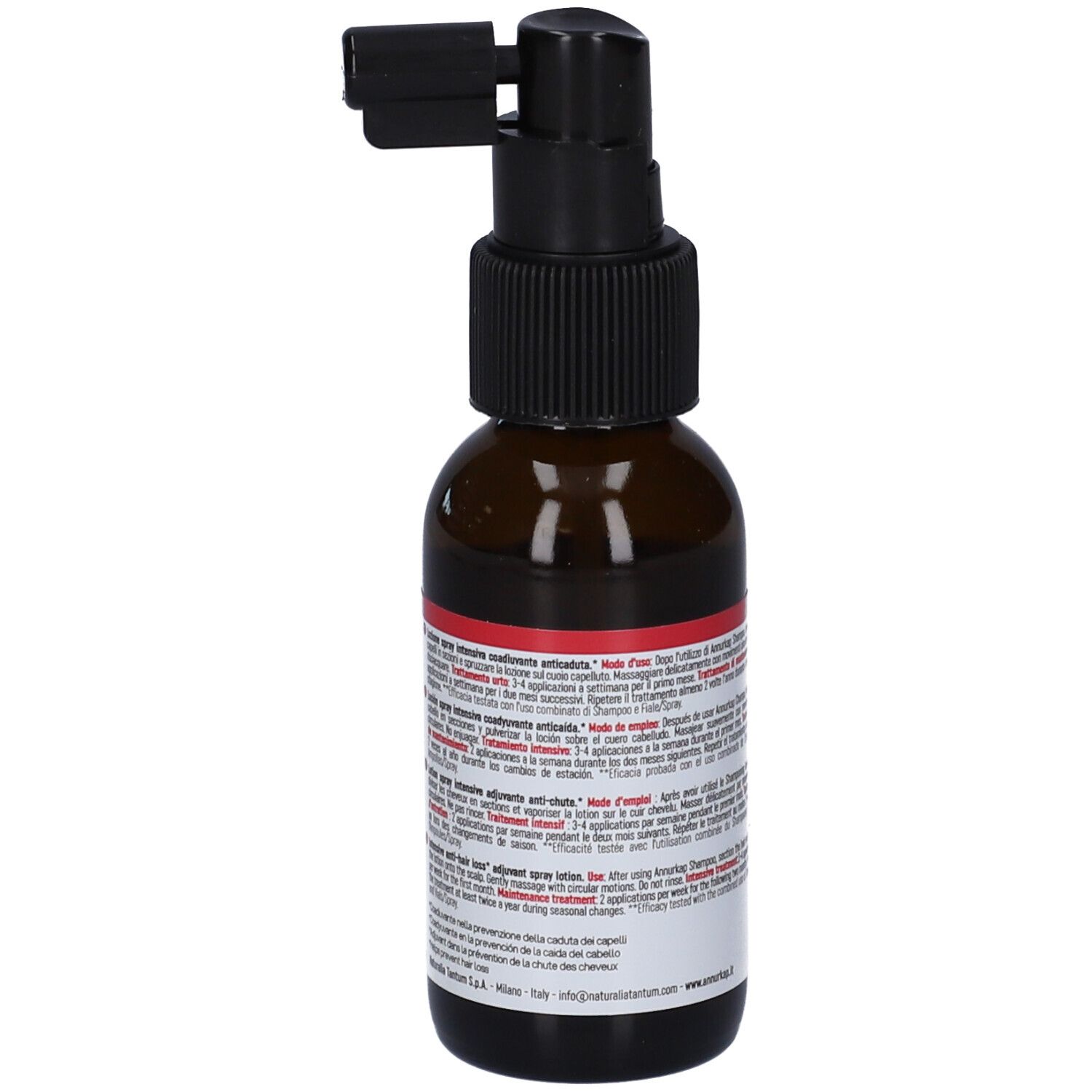 Flacone spray AnnurKap Advanced, vista posteriore.