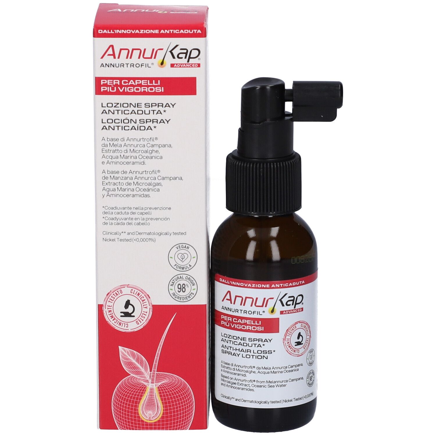 Flacone spray AnnurKap Advanced e confezione.