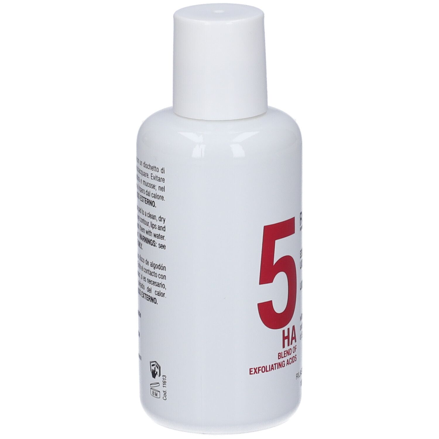 Flacone bianco con tappo bianco, contiene 100ml di peeling liquido con 5 HA.