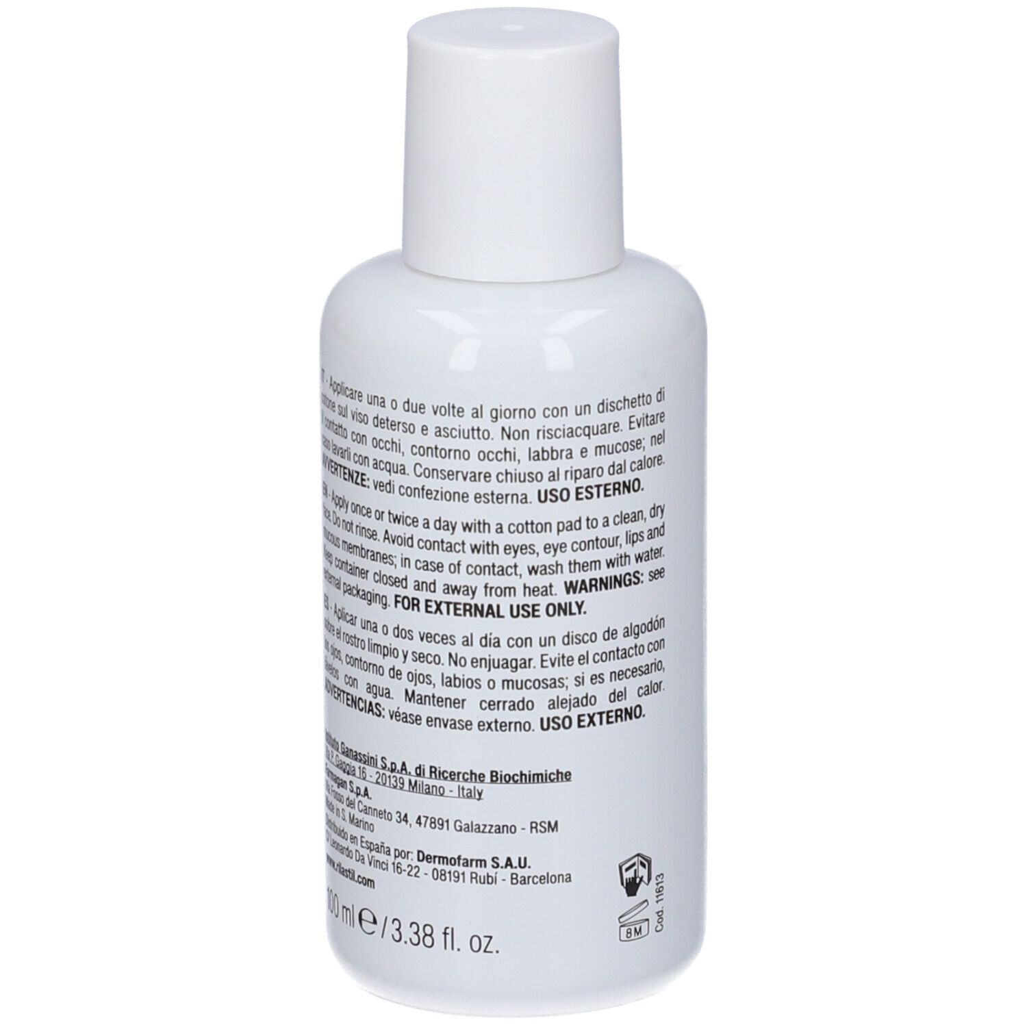 Flacone bianco di prodotto per la cura della pelle, 100 ml.