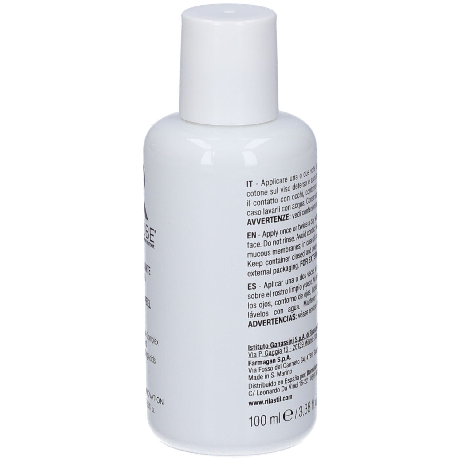 Flacone bianco di prodotto per la cura della pelle, 100 ml.