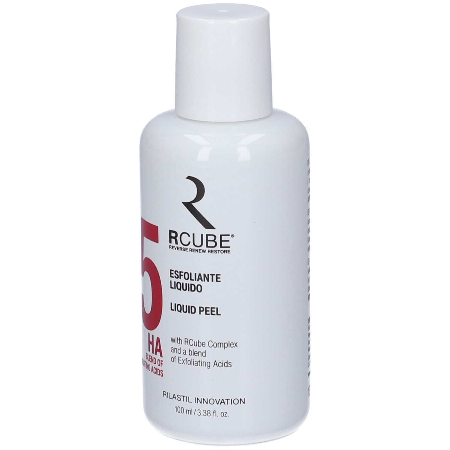 Flacone bianco con tappo bianco, contiene 100ml "RCube 5 HA" Liquid Peel.