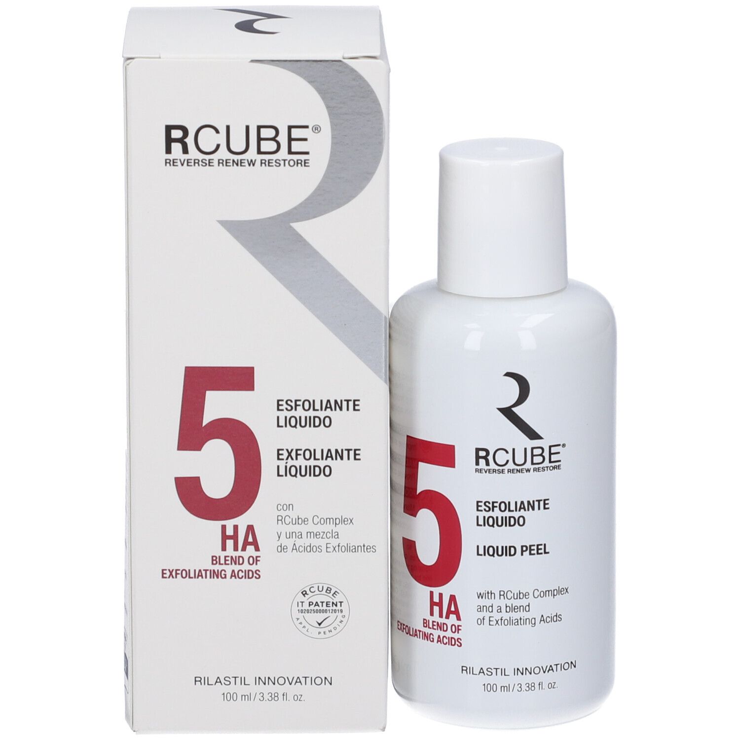 Rcube 5 HA Liquid Peel, 100ml, con Rcube Complex e una miscela di acidi esfolianti.