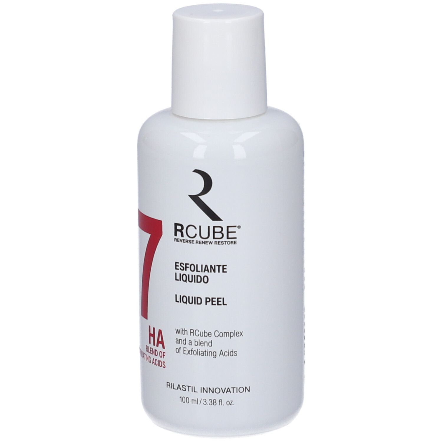Flacone bianco con tappo bianco, RCube Liquid Peel da 100 ml.