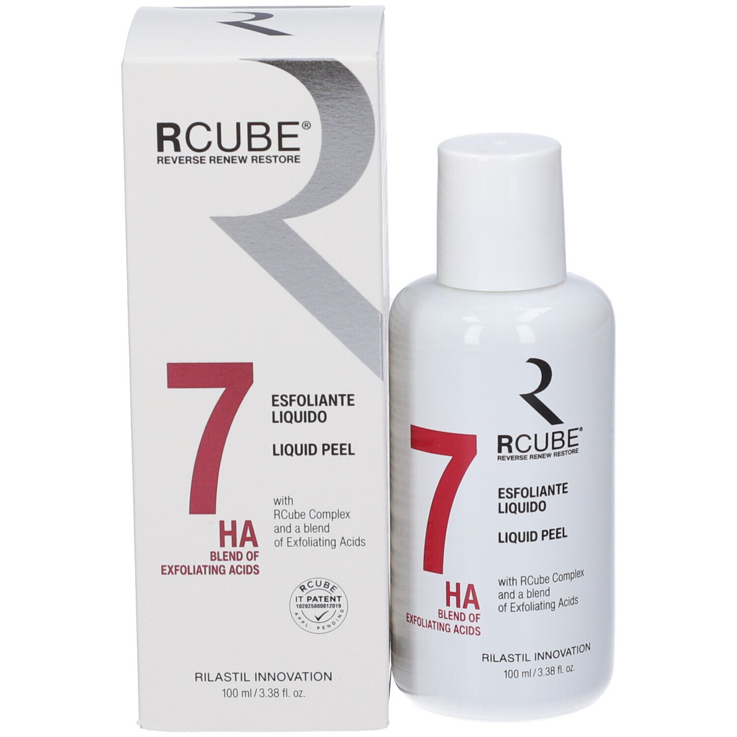 Rcube 7 HA Liquid Peel, 100ml, con miscela di acidi esfolianti.