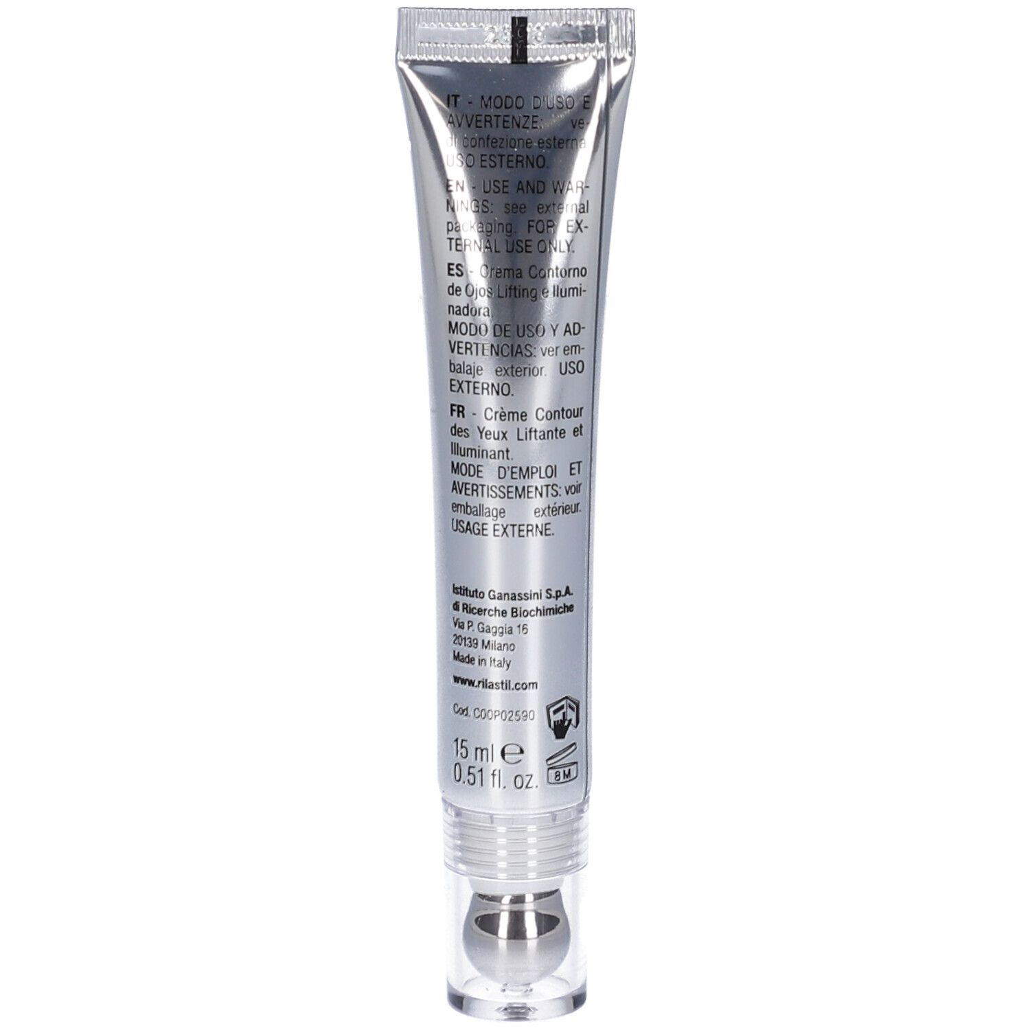 Tubo argentato con applicatore e tappo trasparente, crema contorno occhi da 15 ml.