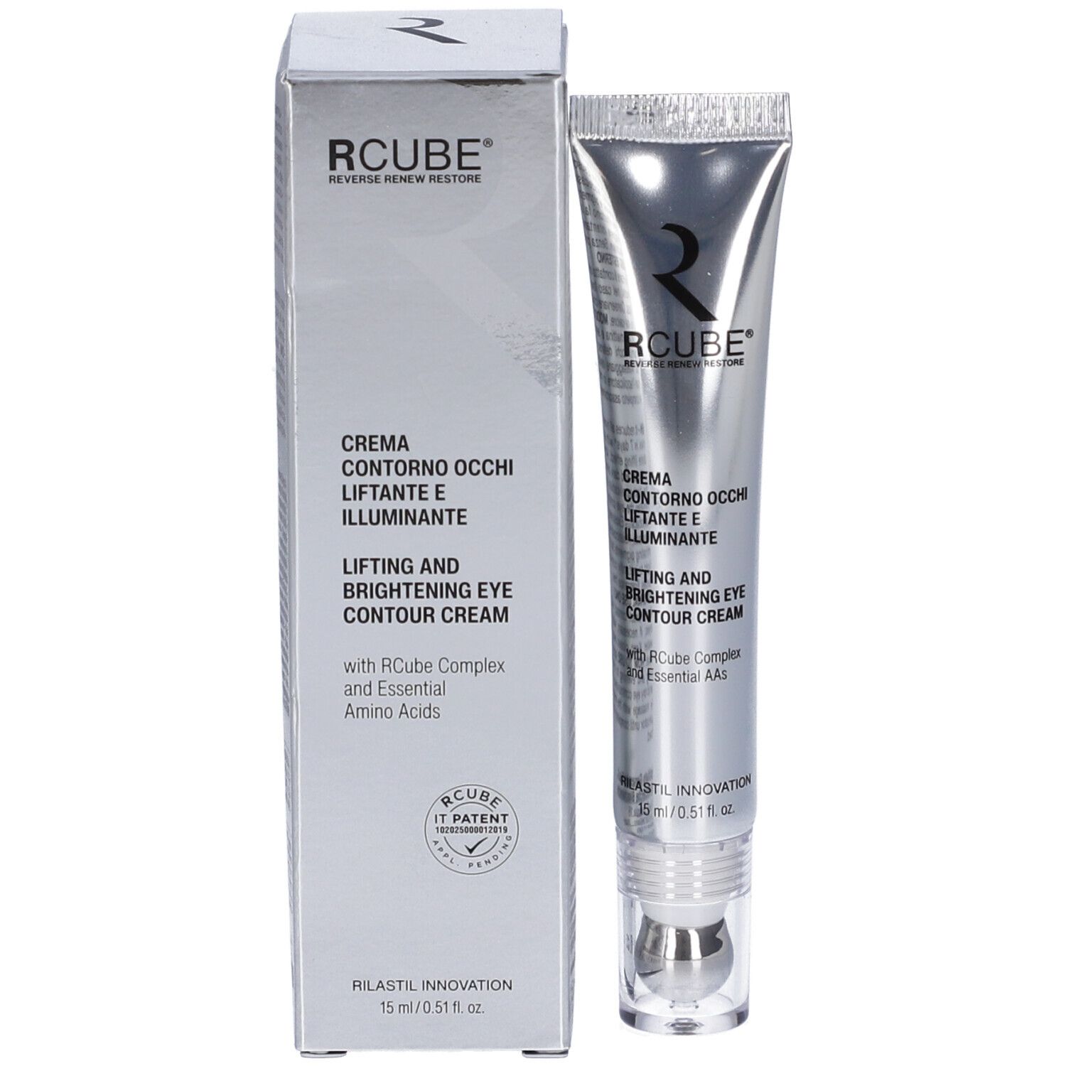 Tubo e scatola di crema contorno occhi RCUBE.