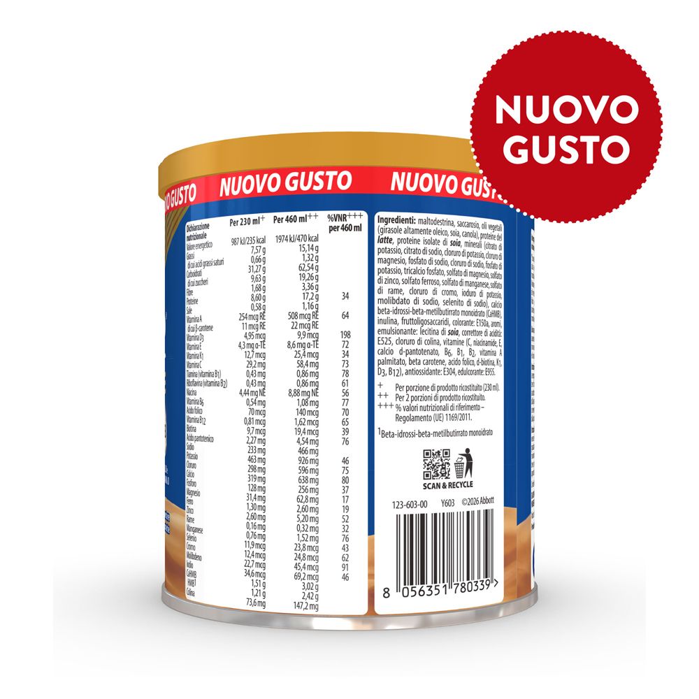 Retro di una lattina Ensure Advance con valori nutrizionali e lista ingredienti.