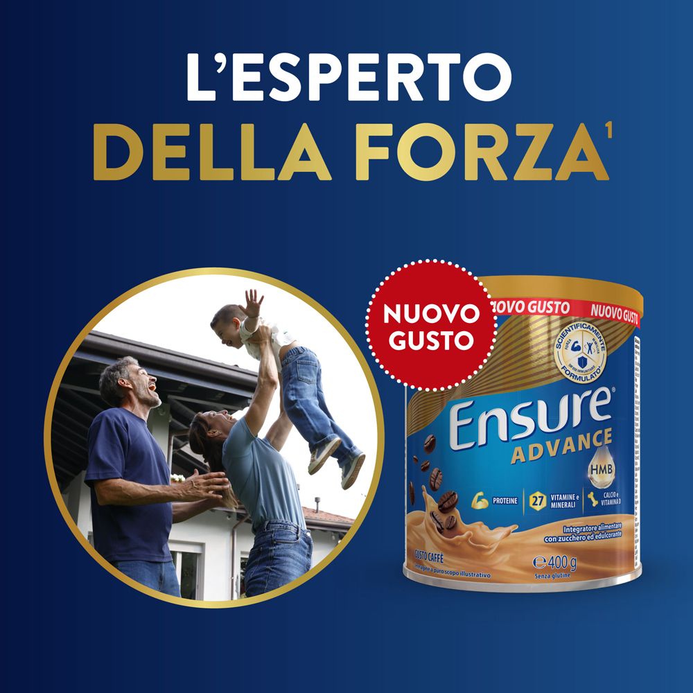 Lattina Ensure Advance HMB con testo 'L'esperto della Forza'. Cerchio con bambini. Adesivo 'Nuovo Gusto'.