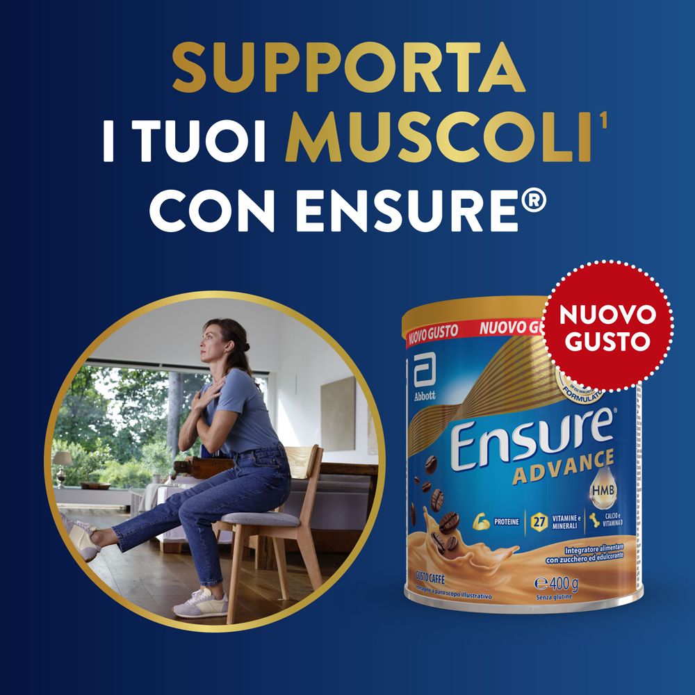 Ensure Advance Dose da 400g. Una donna fa un esercizio su una sedia.