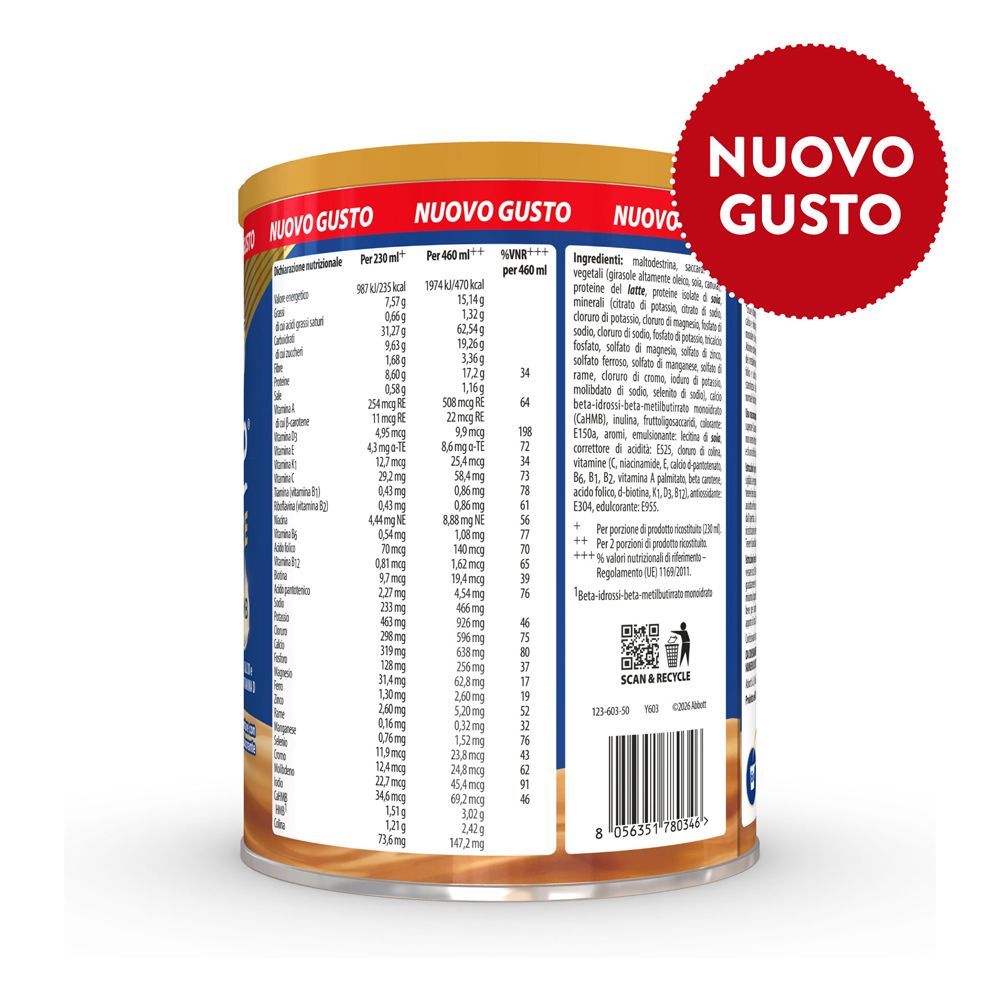 Lattina con tabella nutrizionale e lista ingredienti, con cerchio rosso 'NUOVO GUSTO'.
