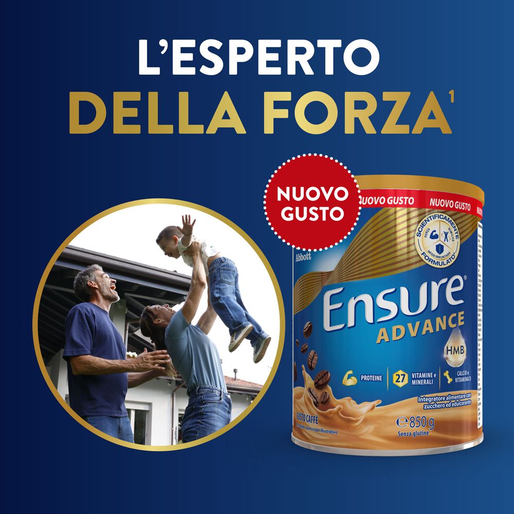 Ensure Advance HMB in polvere in una lattina, accanto a un uomo che solleva un bambino.