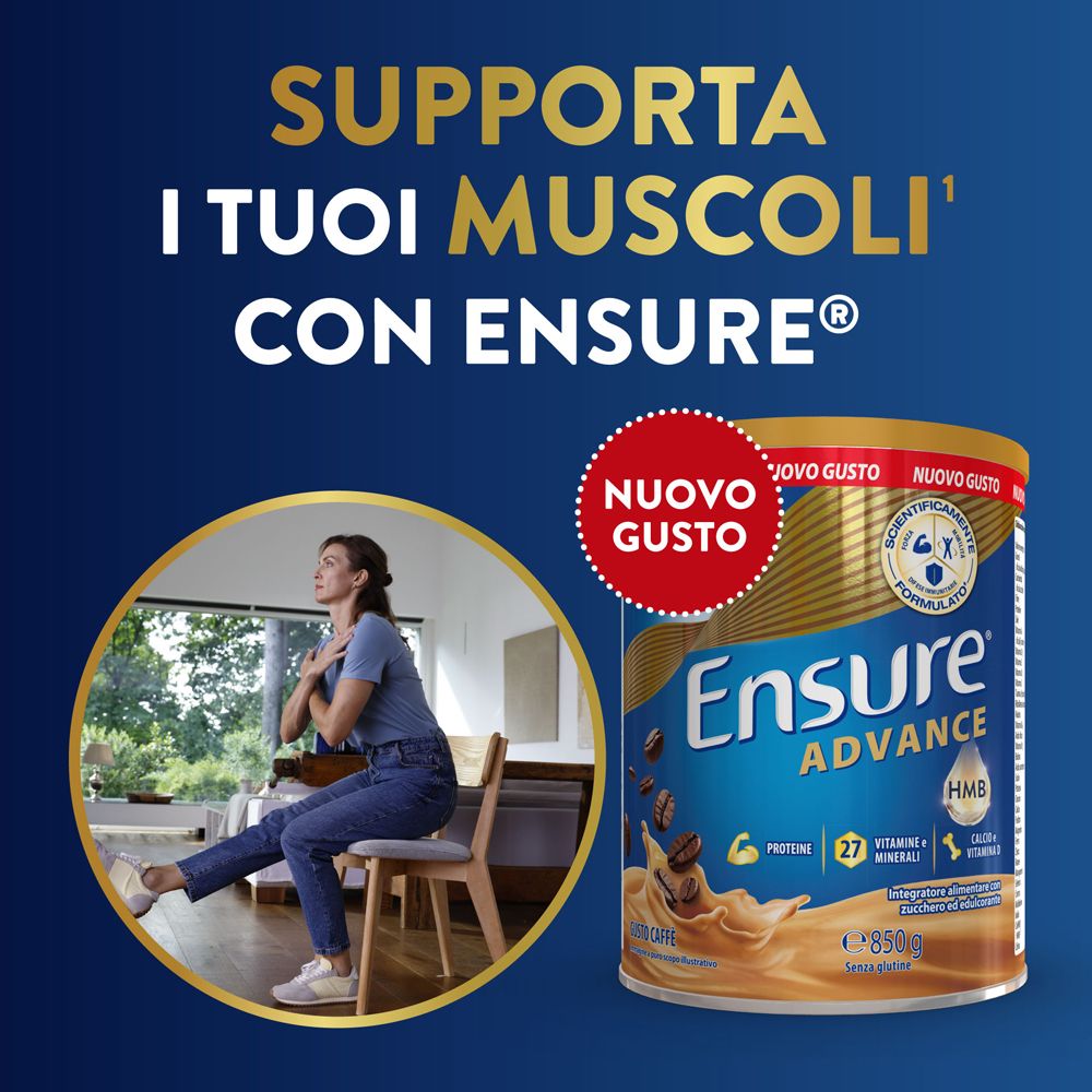 Lattina Ensure Advance con HMB, proteine, vitamine e minerali. Donna che si allunga in un cerchio.