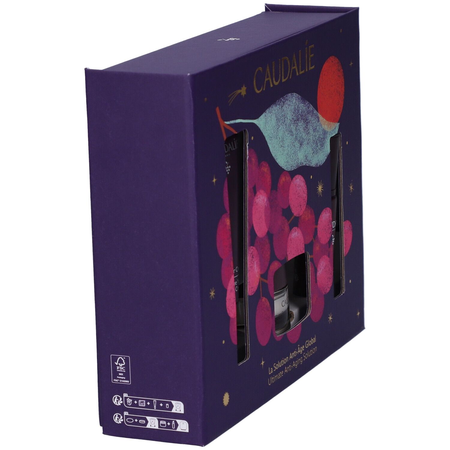 Confezione regalo Caudalie viola con motivo a grappolo d'uva. Contiene una bottiglia e un tubetto.