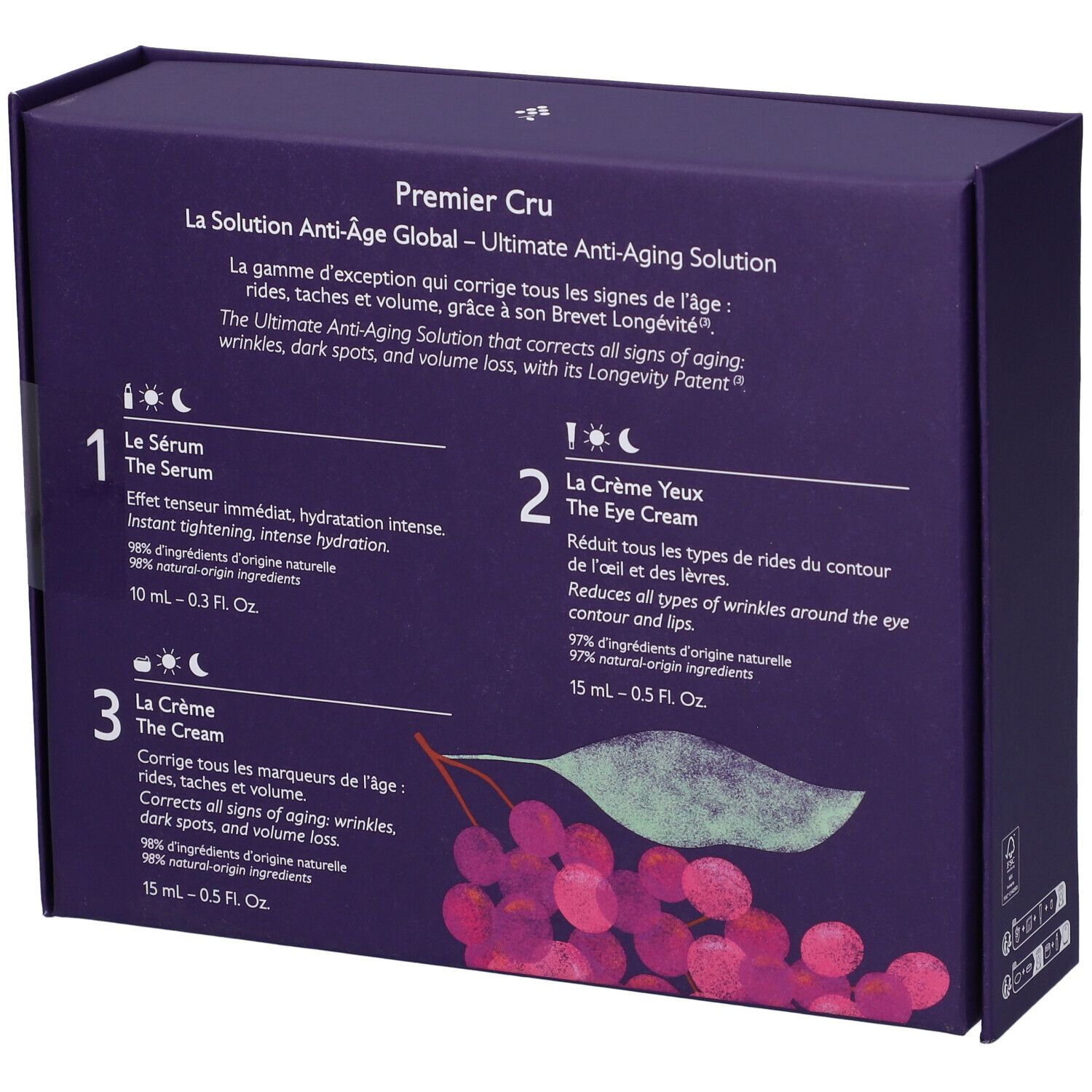 Set Anti-Età Premier Cru: Include Siero (10ml), Crema Occhi (15ml) e Crema (15ml).